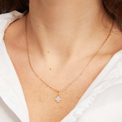 Personalised Mother of Pearl Mini Clover Cross Necklace Gold Plated Merci Maman