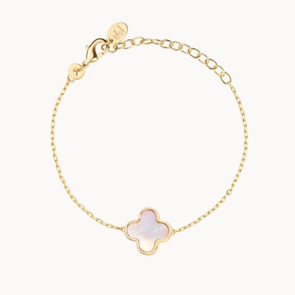 Pulsera personalizada de cadena con cruz de trébol de nácar baño de oro merci maman