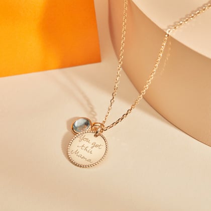 Collier Disque Perlé & Pierre de naissance personnalisé plaqué or Topaze Bleue merci maman