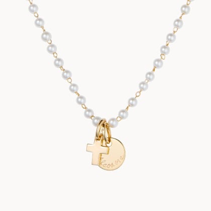 Personalised Pearl Mini Cross Necklace gold plated Merci Maman