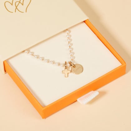 Personalised Pearl Mini Cross Necklace gold plated Merci Maman