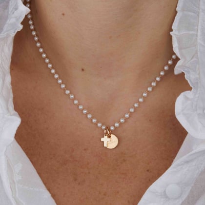 Personalised Pearl Mini Cross Necklace gold plated Merci Maman