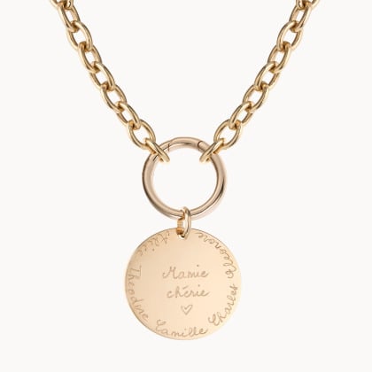 Collier personnalisé Breloque Grand Disque sur fermoir Rond plaqué or merci maman