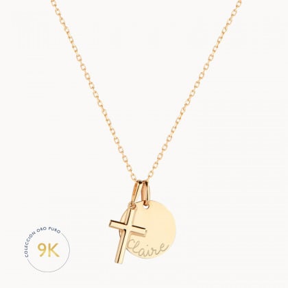 Collar personalizado con medalla y cruz en oro de 9 kilates merci maman