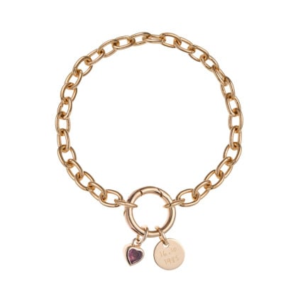 Bracciale personalizzato portafortuna con pietra di nascita a cuore con chiusura rotonda placcato in oro merci maman