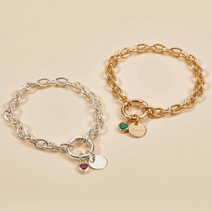 Bracciale personalizzato portafortuna con pietra di nascita a cuore con chiusura rotonda placcato in oro merci maman