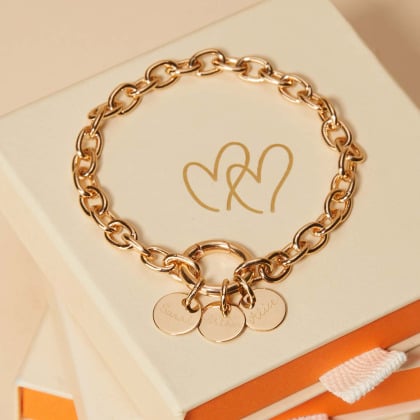 Pulsera personalizada Amuleto de la Suerte circular con nombre baño de oro merci maman