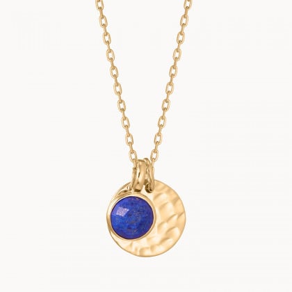 Collier Petit Disque Martelé & Pierre de naissance personnalisé plaqué or lapis lazuli merci maman