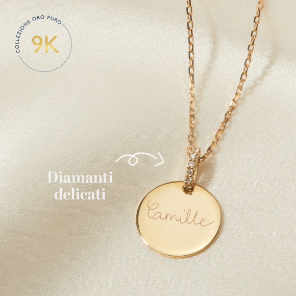 Collana personalizzata con disco di diamanti in oro 9 carati merci maman