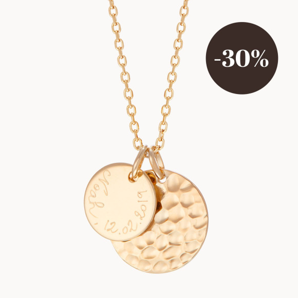 Personalised Hammered Double Disc Necklace gold plated merci maman