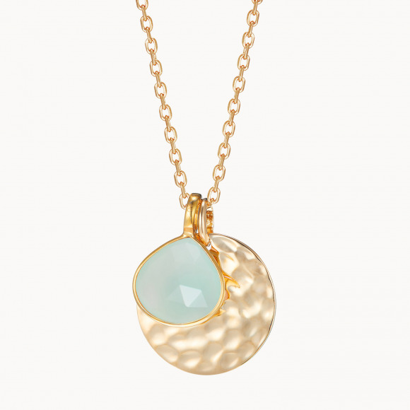 Personalized Large Hammered Disc & Gemstone Necklace gold plated aqua chalcedony merci maman