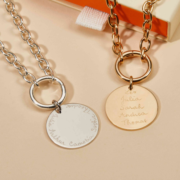 Collar personalizado Amuleto de la Suerte con medalla redonda baño de oro merci maman