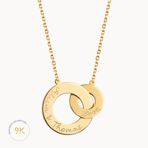 Personalisierte 375er Gold Halskette mit verschlungenen Ringen merci maman