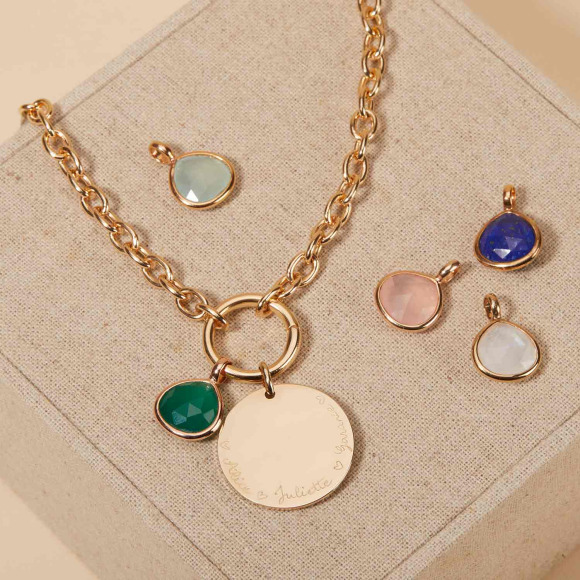 Personalised Large Disc and Gemstone Round Lucky Charm Necklace gold palted merci maman
