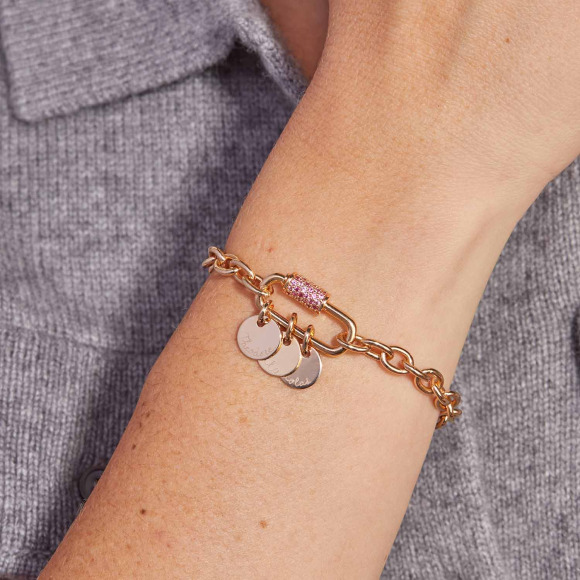 Pulsera personalizada con nombre Amuleto de la Suerte en cristal rosa baño de oro merci maman