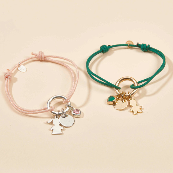 Bracciale personalizzato portafortuna con chiusura rotonda su cordoncino placcato in oro merci maman