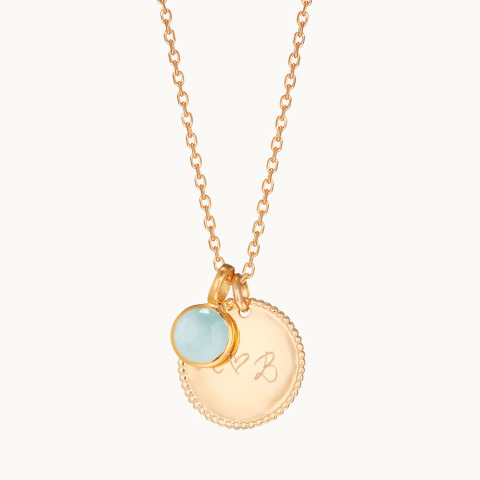 Personalized Beaded Disc & Birthstone Necklace gold plated aqua chalcedony merci maman