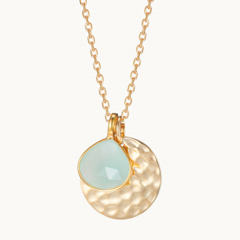Personalisierte große gehämmerte Plättchen Halskette mit Halbedelstein vergoldet Aqua Chalcedon merci maman