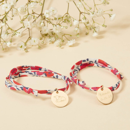 Pulsera personalizada Liberty con ilustración de bautizo o comunión baño de oro merci maman