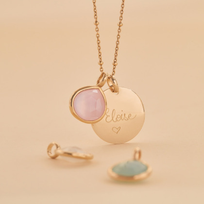 Collana personalizzata con pietra semi-preziosa placcato oro Calcedonia rosa merci maman