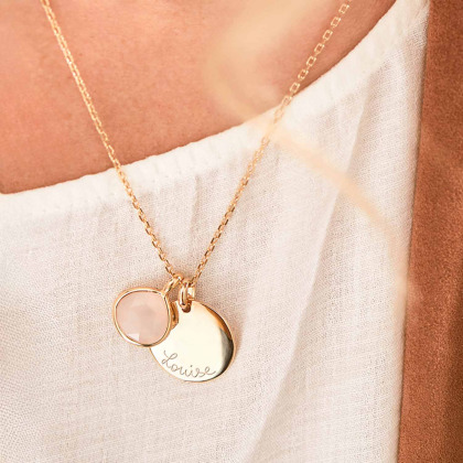 Collana personalizzata con pietra semi-preziosa placcato oro Calcedonia rosa merci maman