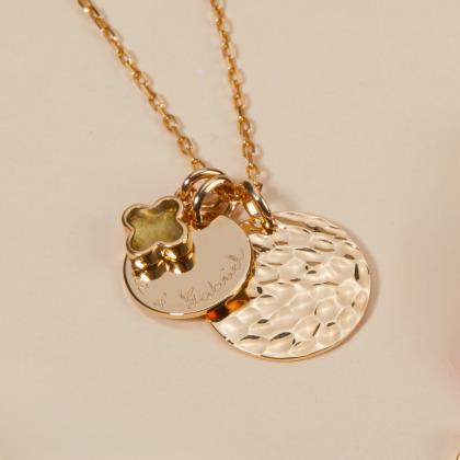 Personalised Hammered Double Disc & Clover Cross Birthstone Necklace Gold Plated Merci Maman
