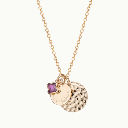 Collana Personalizzata Disco Martellato Doppio & Pietra di Nascita Croce a trifoglio Placcato in oro Merci Maman