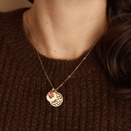 Personalised Hammered Double Disc & Clover Cross Birthstone Necklace Gold Plated Merci Maman