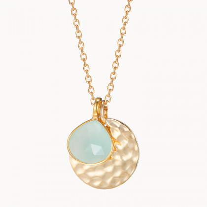 Personalised Large Hammered Disc & Gemstone Necklace gold plated aqua chalcedony merci maman
