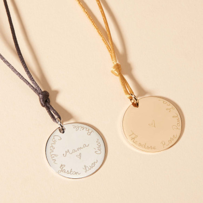 Personalised Large Disc Cord Necklace Merci Maman
