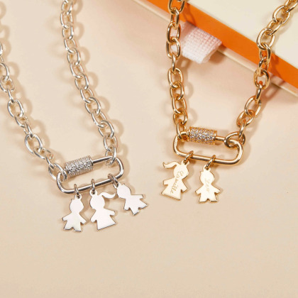 Collar personalizado mini Familia Amuleto de la Suerte baño de oro merci maman