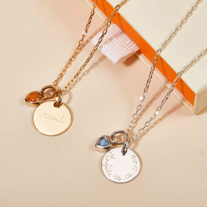 Personalised Message & Heart Birthstone Necklace gold plated merci maman