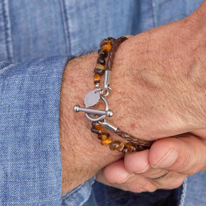 Bracciale personalizzato in pelle marrone con perline uomo merci maman