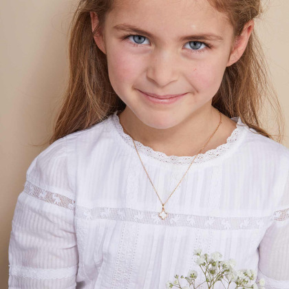 Personalised Mother of Pearl Mini Clover Cross Necklace Gold Plated Merci Maman