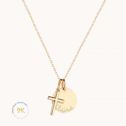 Personalisierte 375er Gold Plättchen Halskette mit Kreuz merci maman