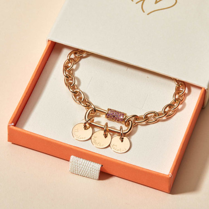 Personalised Pink Crystal Lucky Charm Name Bracelet gold plated merci maman