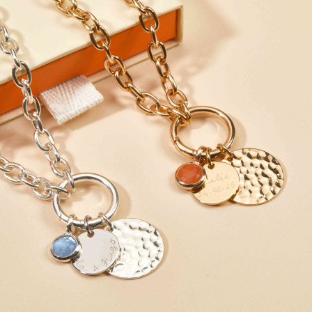Personalised Hammered Double Disc & Birthstone Round Lucky Charm Necklace merci maman