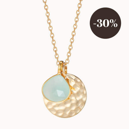 Personalised Large Hammered Disc & Gemstone Necklace gold plated aqua chalcedony merci maman