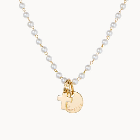 Collar personalizado de perlas con mini cruz Baño de oro Merci Maman