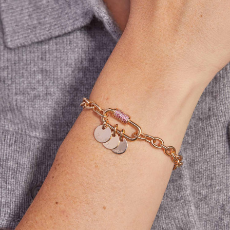 Pulsera personalizada con nombre Amuleto de la Suerte en cristal rosa baño de oro merci maman