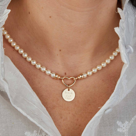 Collar personalizado pequeño de perlas blancas Amuleto de la Suerte baño de oro merci maman