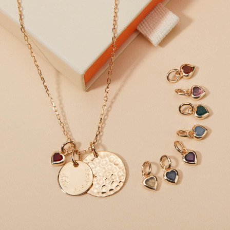 Personalised Hammered Double Disc & Heart Birthstone Necklace gold plated merci maman