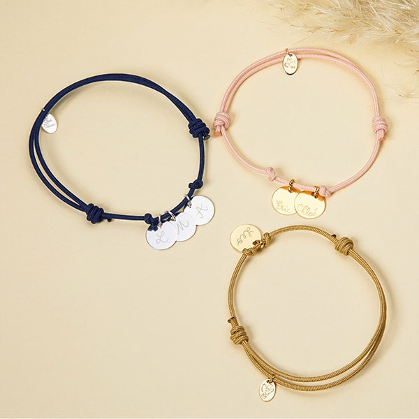 merci maman name bracelets in blue pink and beige with gold plated and silver charms