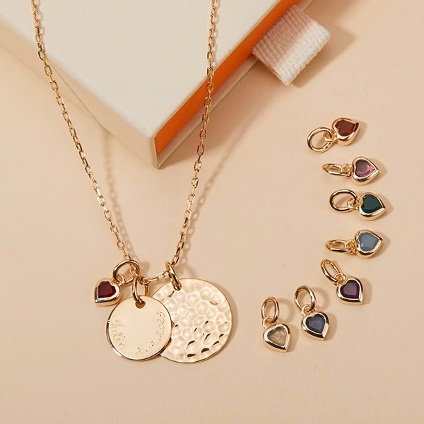 Personalised Hammered Double Disc & Heart Birthstone Necklace