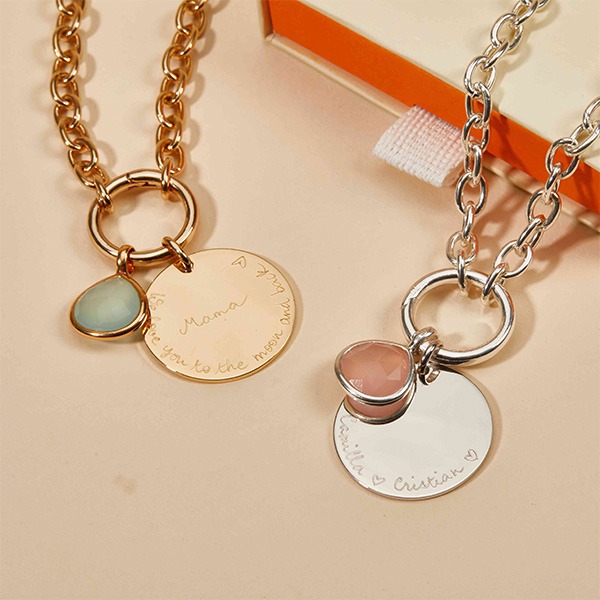 Personalised Large Disc and Gemstone Round Lucky Charm Necklace