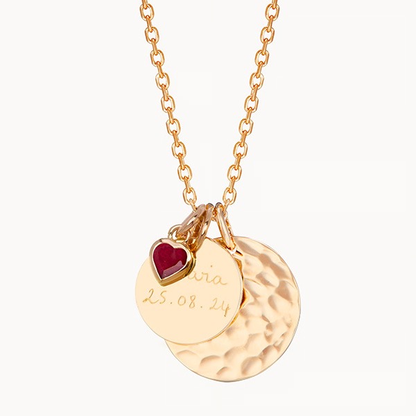 Collier double Disque Martelé & Pierre de naissance Coeur personnalisé